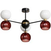 A series of designer chandeliers with two types of shades arranged in pairs